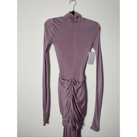 Helsa Slinky Jersey Ruched Sarong Maxi Dress Turtleneck Long purple Sz L $398 - Picture 10 of 12